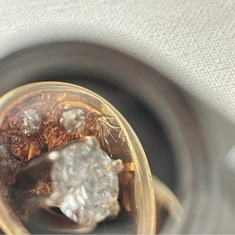 Vintage 14kt Gold European Cut Diamond & Blue Diamond Sz 7.75 Toi Et Moi Ring - Picture 6 of 11